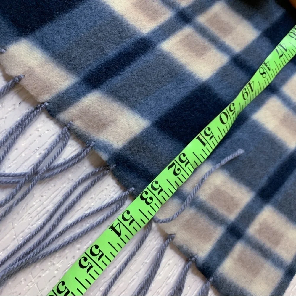 Royal Rossi 100% Mongolian Cashmere Plaid Scarf Fringe White Navy Blue Like New
